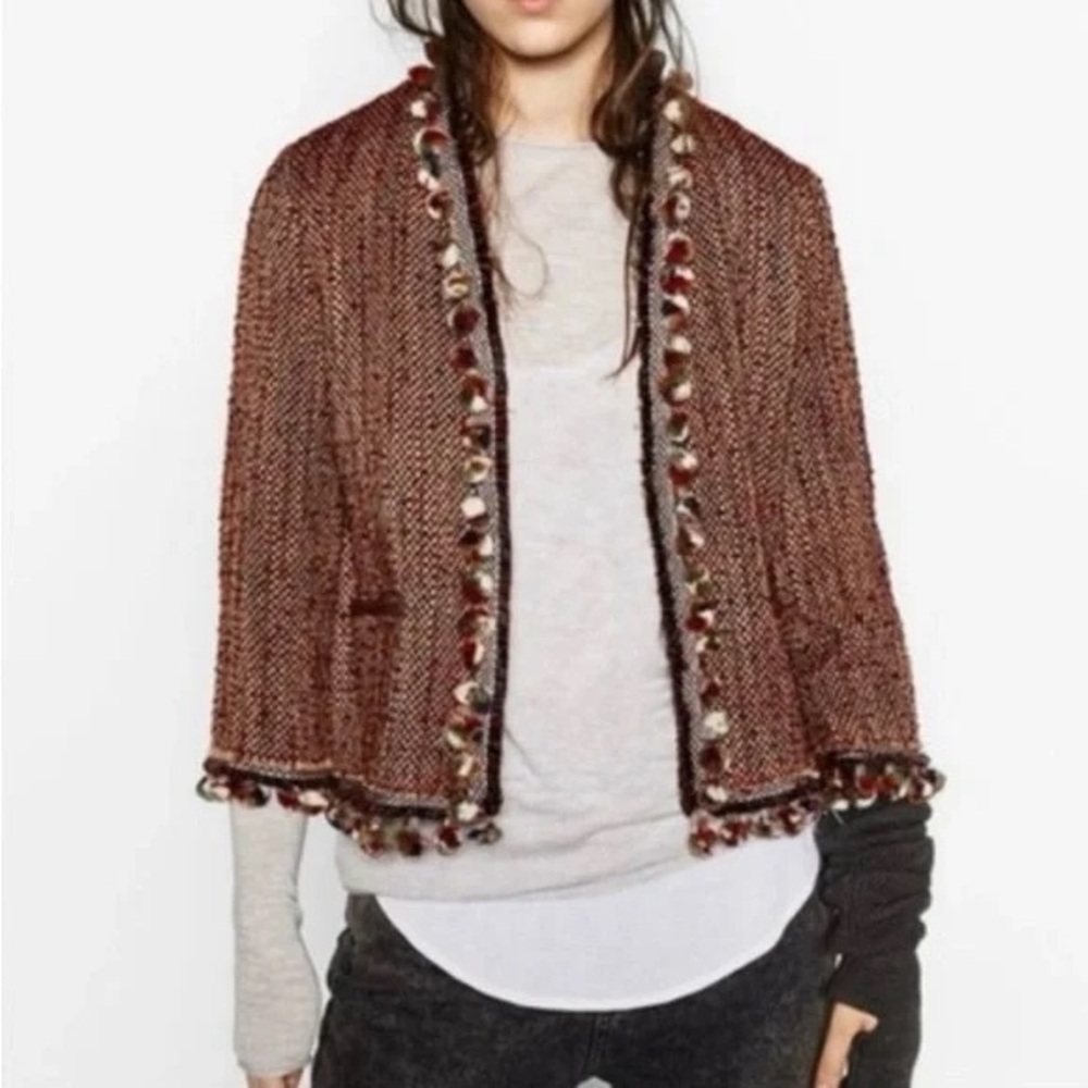 Zara Multicolor Tweed Blazer with Fringe